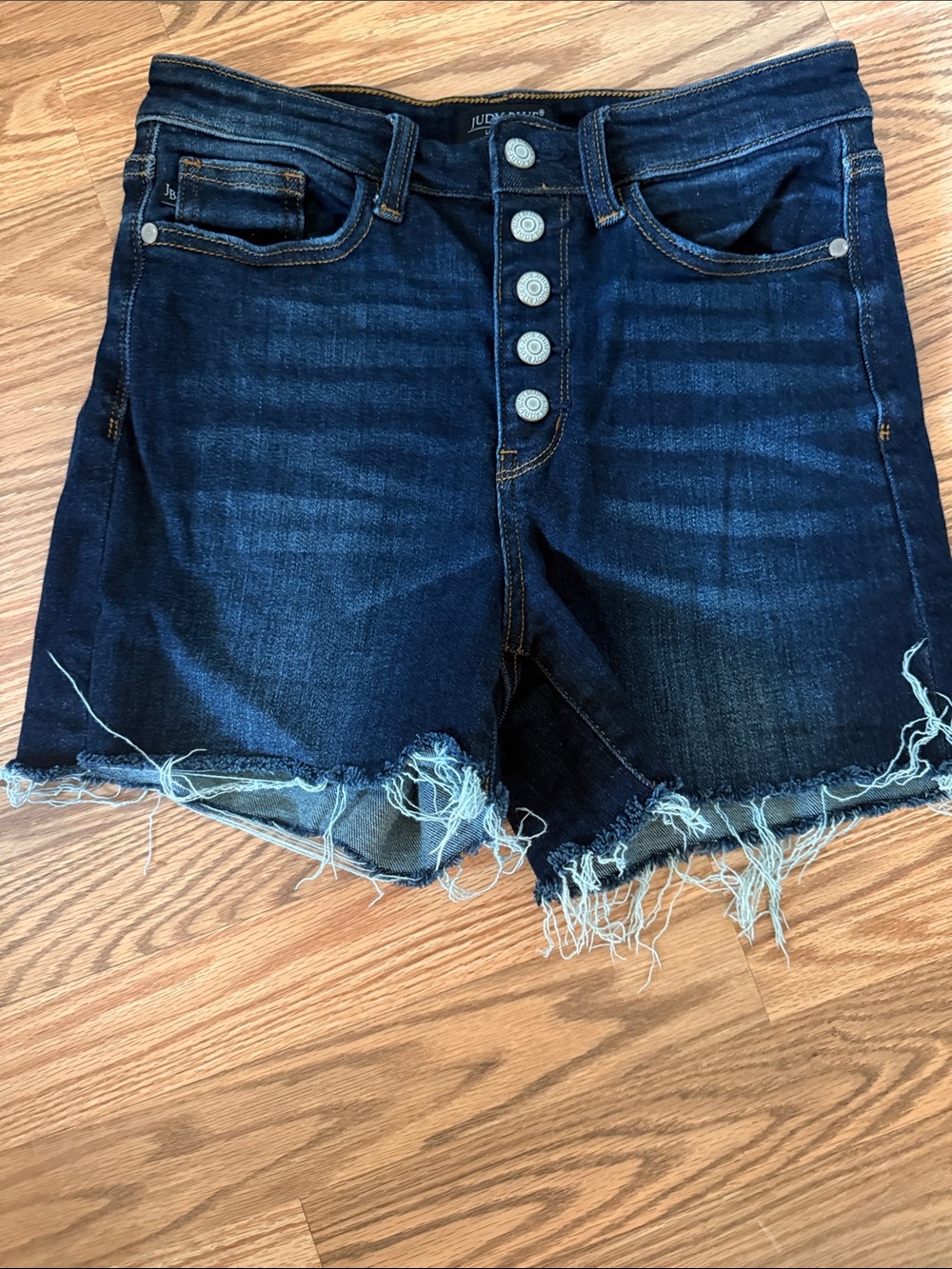 Judy Blue Dark Blue Button-Front Frayed Hem Denim Shorts